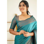 Generic Women's Litchi silk Printed Saree With Unstitched Blouse (Rama Blue)