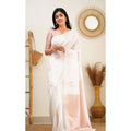  Women's Litchi silk Printed Saree With Unstitched Blouse (White)