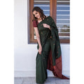  Women's Litchi silk Printed Saree With Unstitched Blouse (Dark Green)