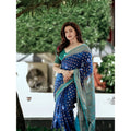  Women's Litchi silk Printed Saree With Unstitched Blouse (Navy Blue)