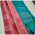  Women's Litchi silk Printed Saree With Unstitched Blouse (Peach With Turquise Green)