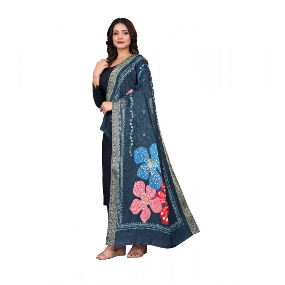 Generic Women's chanderi silk  Printed Dupatta (Navy Blue, Length:Â 2 Mtr)