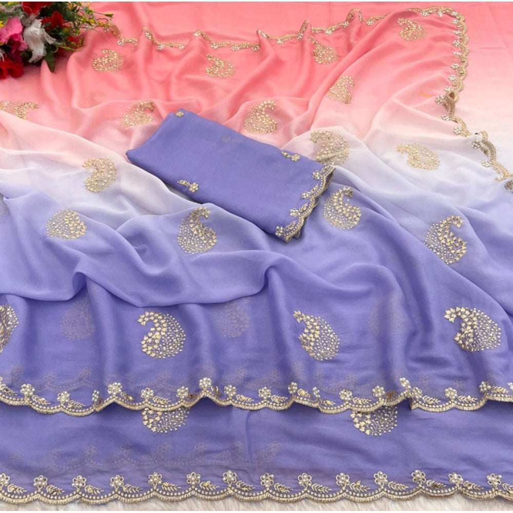 महिलाओं के लिए डिजिटल प्रिंटेड जियोजेट साड़ी, बिना सिला ब्लाउज के साथ (बैंगनी रंग, 5-6 मीटर)