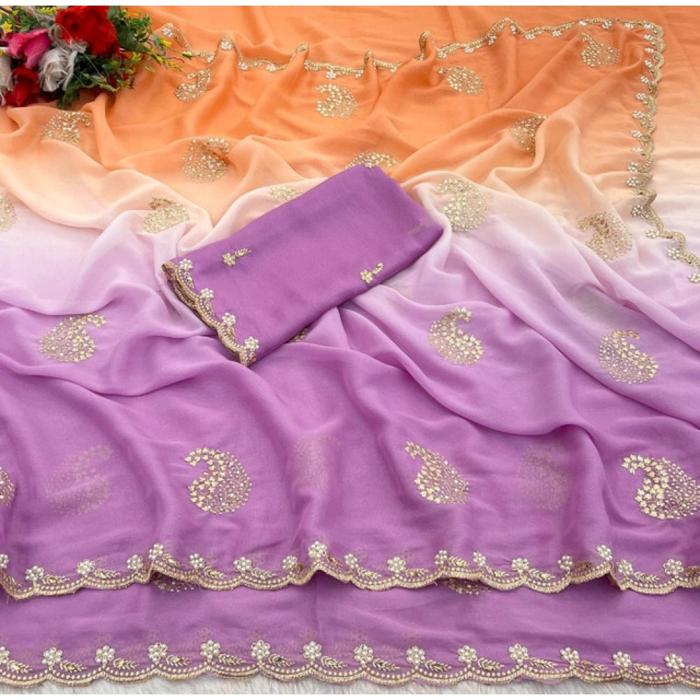 Generic Women's Digital PrintedÂ  Geogette Saree With Unstitched Blouse (Wine, 5-6 Mtrs)
