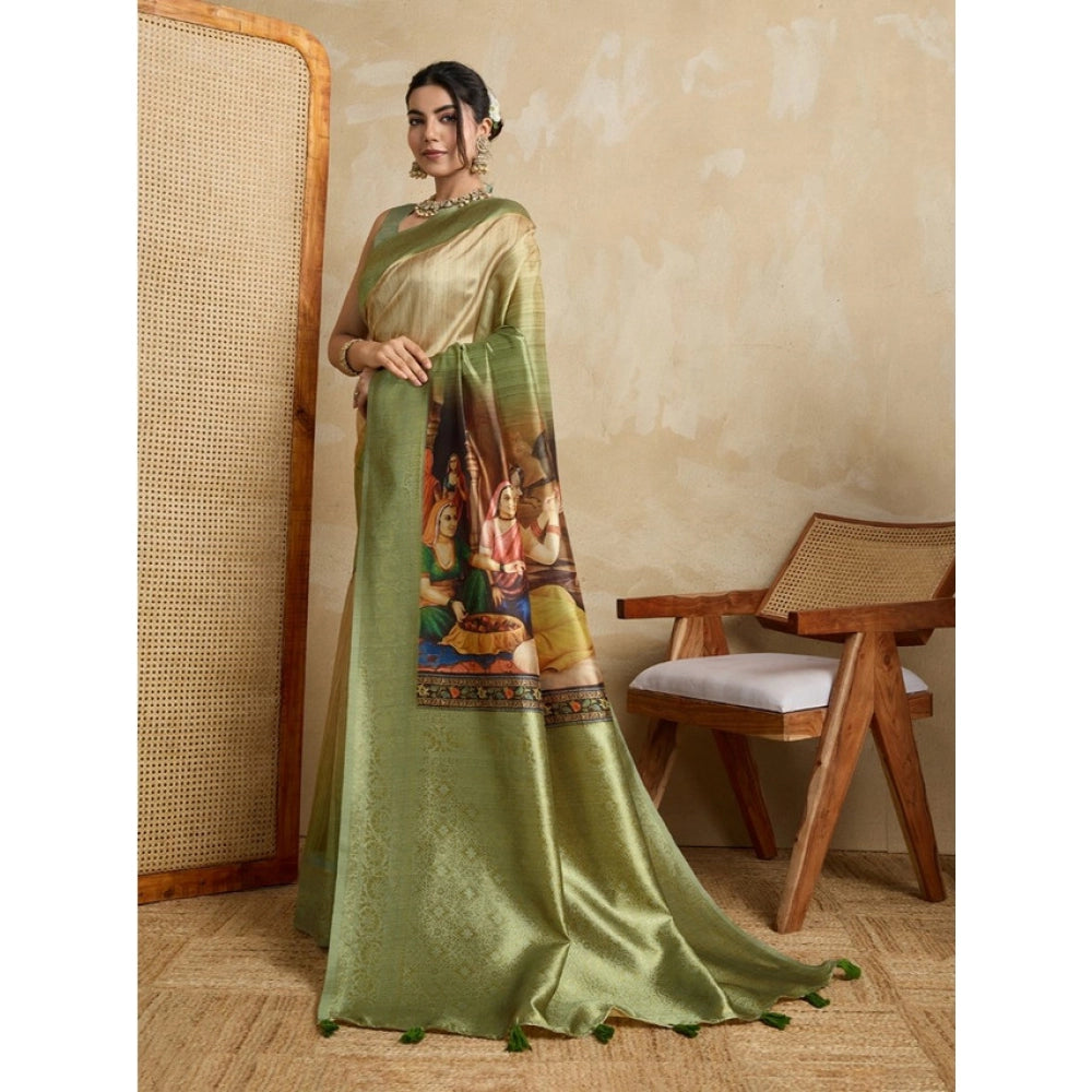 Generic Women's Silk Printed Saree With Unstitched Blouse 5.5Mtr (Mehendi)
