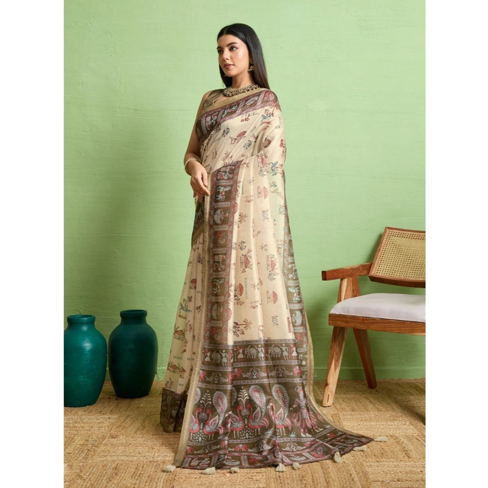 महिलाओं के लिए सामान्य सिल्क ब्लेंड प्रिंटेड साड़ी, बिना सिला ब्लाउज के साथ, 5.5 मीटर (क्रीम रंग)