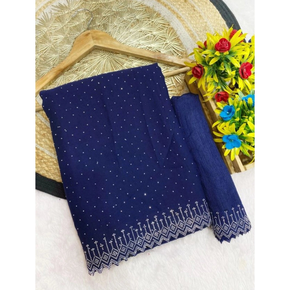 महिलाओं के लिए जॉर्जेट स्टोन वर्क वाली साधारण साड़ी, बिना सिला ब्लाउज के साथ, 5.5 मीटर (नीला)