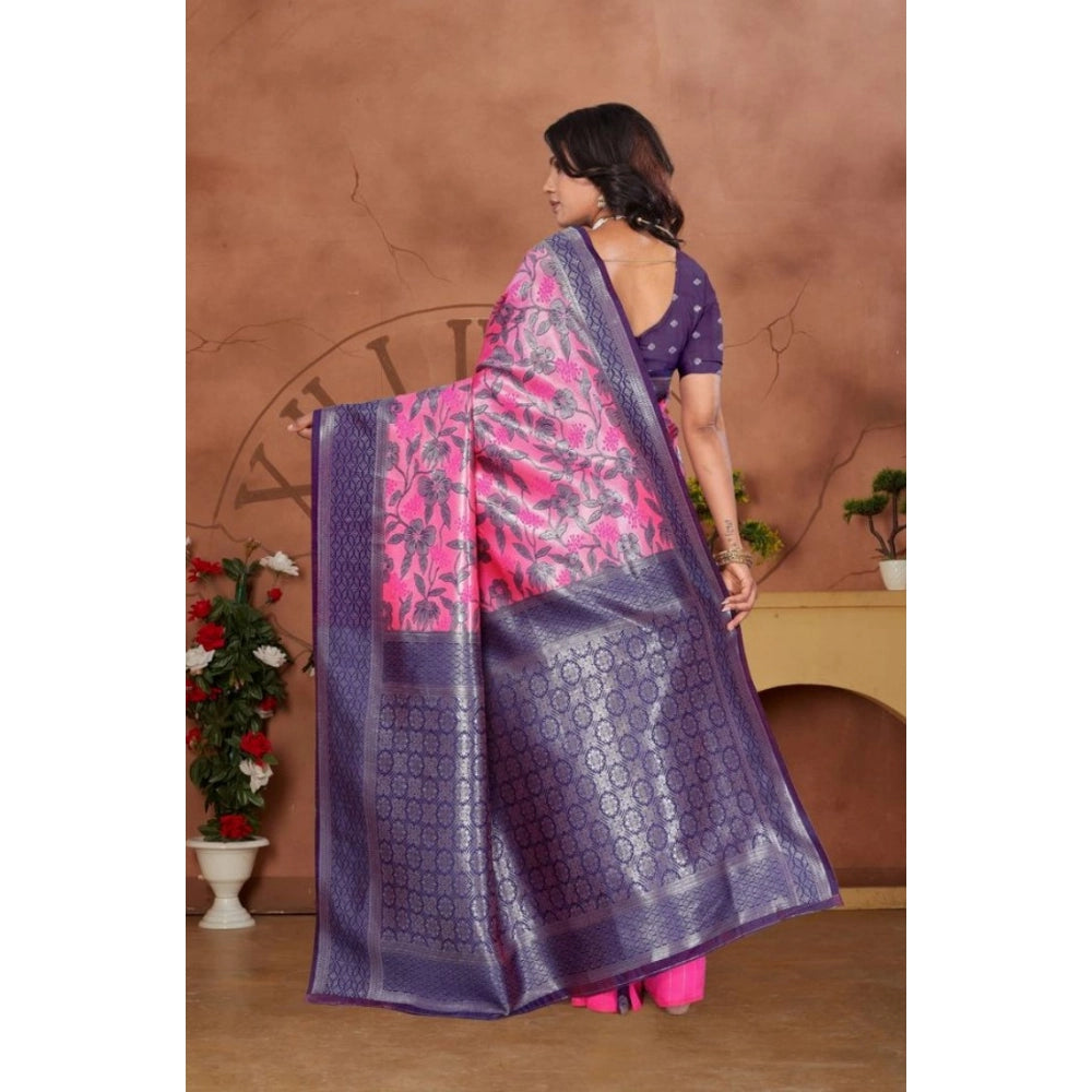 Generic Women's Banarasi Silk Jaquard Woven Saree With Unstitched Blouse 5.5Mtr (Pink)