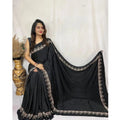  Women's Satin Printed Saree With Unstitched Blouse 5.5Mtr (Black)