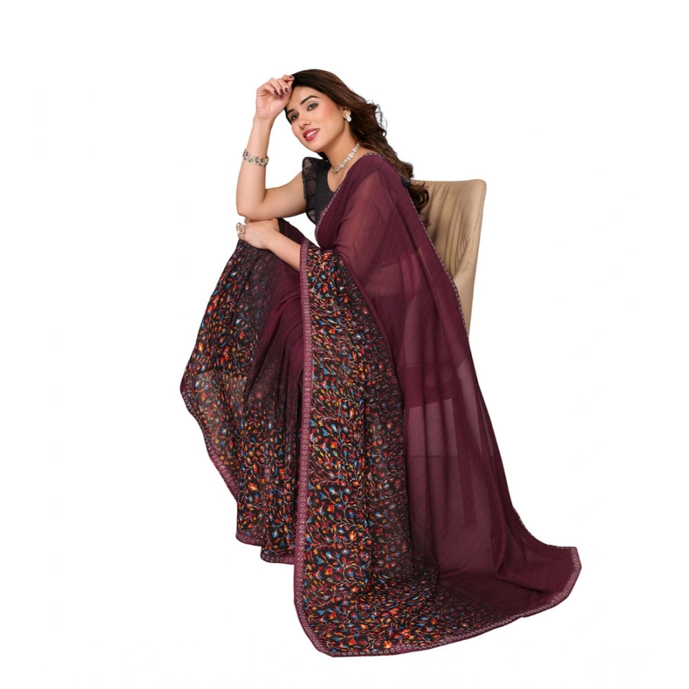 महिलाओं के लिए जॉर्जेट प्रिंटेड साड़ी, बिना सिला ब्लाउज के साथ, 5.5 मीटर (मैरून)