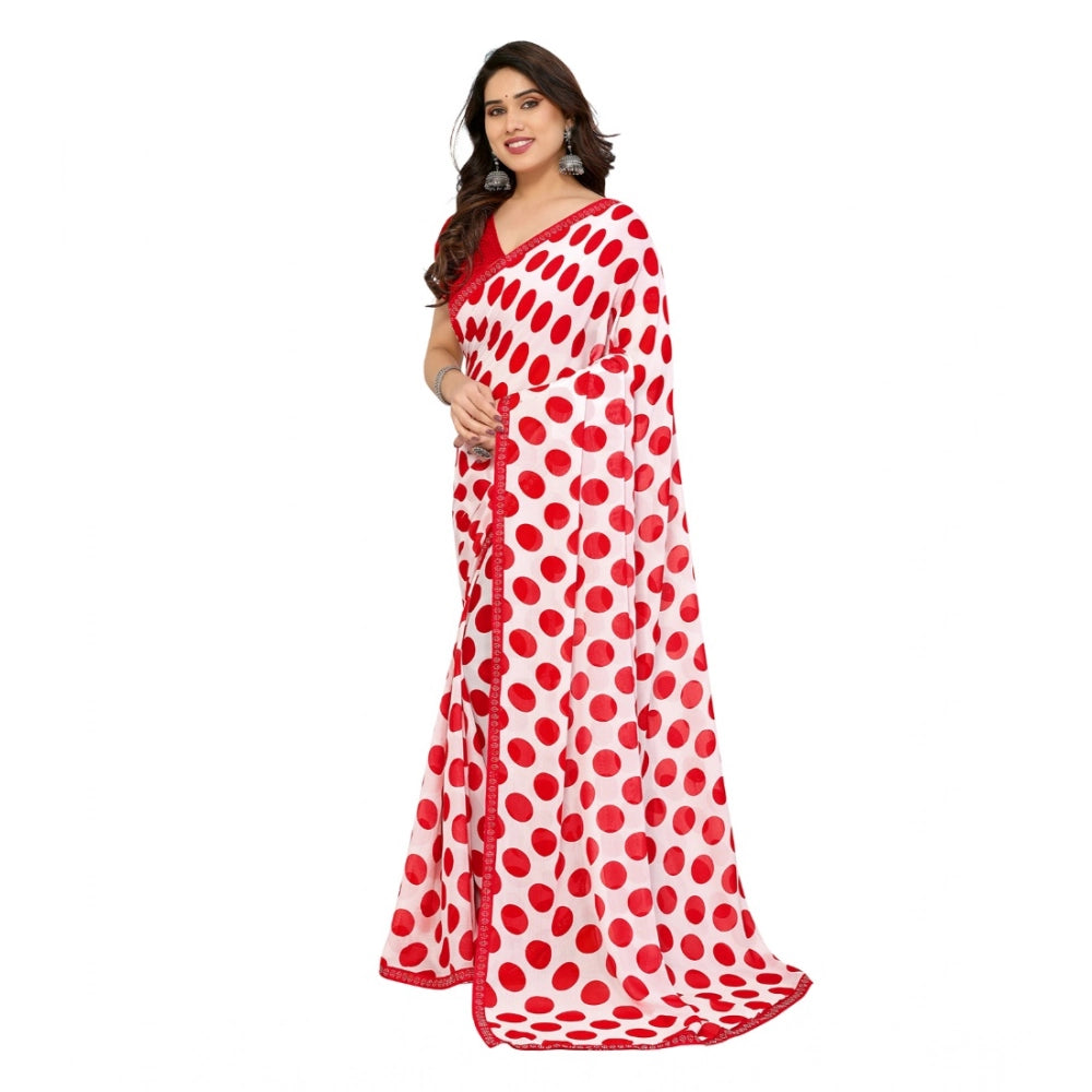 महिलाओं के लिए जॉर्जेट प्रिंटेड साड़ी, बिना सिला ब्लाउज के साथ, 5.5 मीटर (लाल-सफेद)