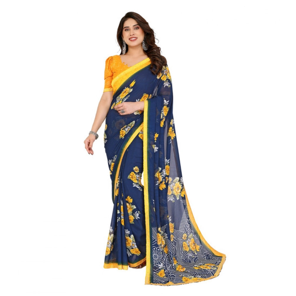महिलाओं के लिए जॉर्जेट प्रिंटेड साड़ी, बिना सिला ब्लाउज के साथ, 5.5 मीटर (नीला)