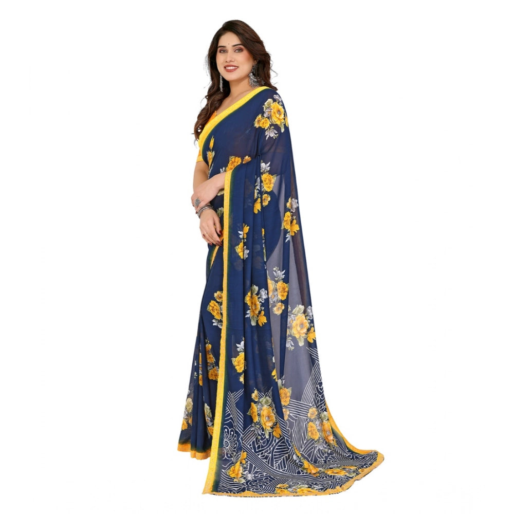 महिलाओं के लिए जॉर्जेट प्रिंटेड साड़ी, बिना सिला ब्लाउज के साथ, 5.5 मीटर (नीला)
