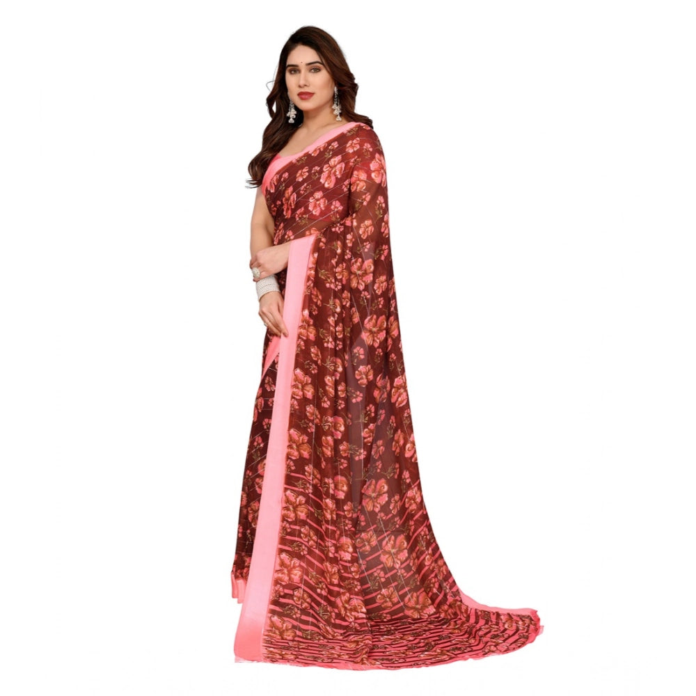 महिलाओं के लिए जॉर्जेट प्रिंटेड साड़ी, बिना सिला ब्लाउज के साथ, 5.5 मीटर (मैरून)