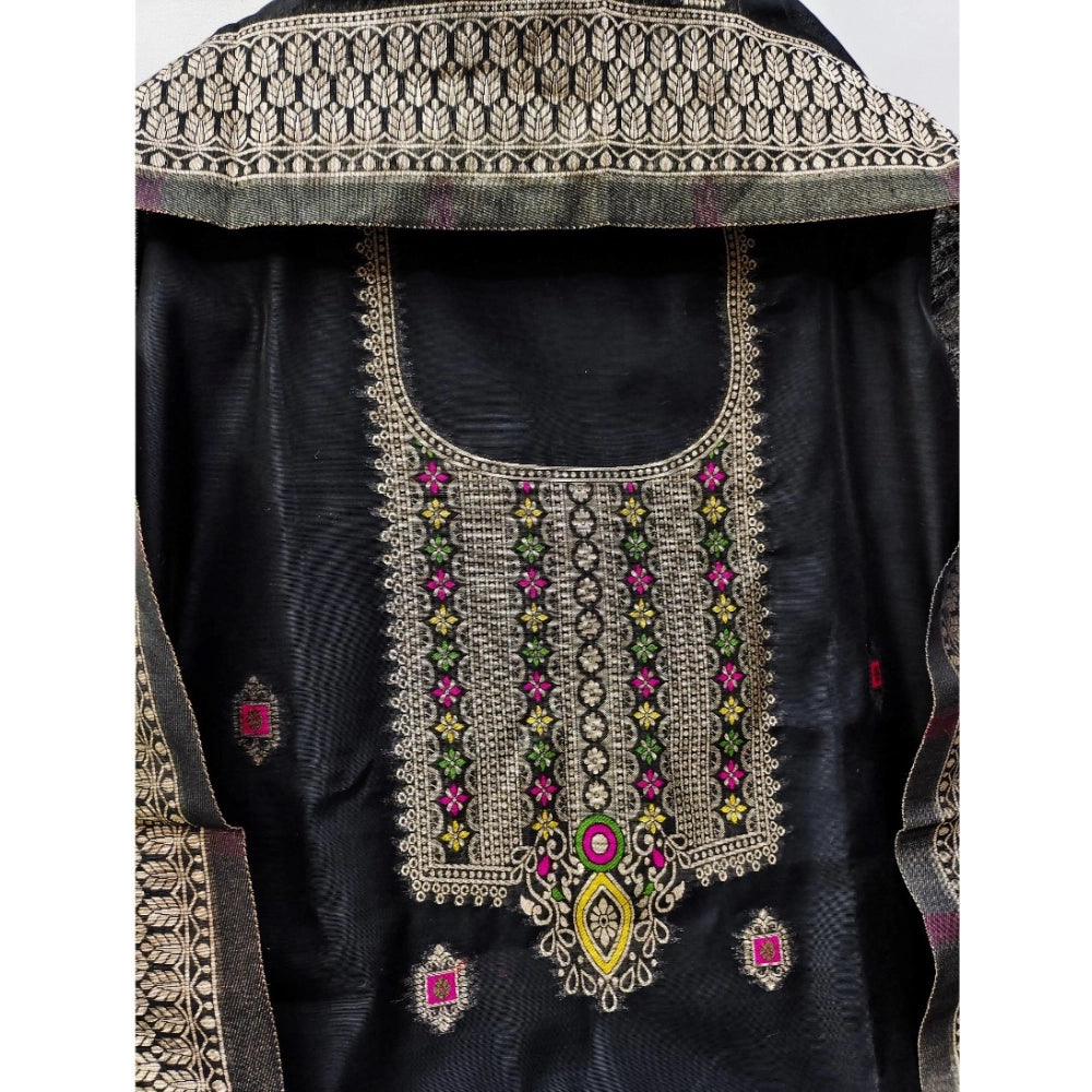 महिलाओं के लिए बनारसी सिल्क प्रिंटेड अनस्टिच्ड सलवार सूट मटेरियल दुपट्टे सहित (काला, 3 मीटर)