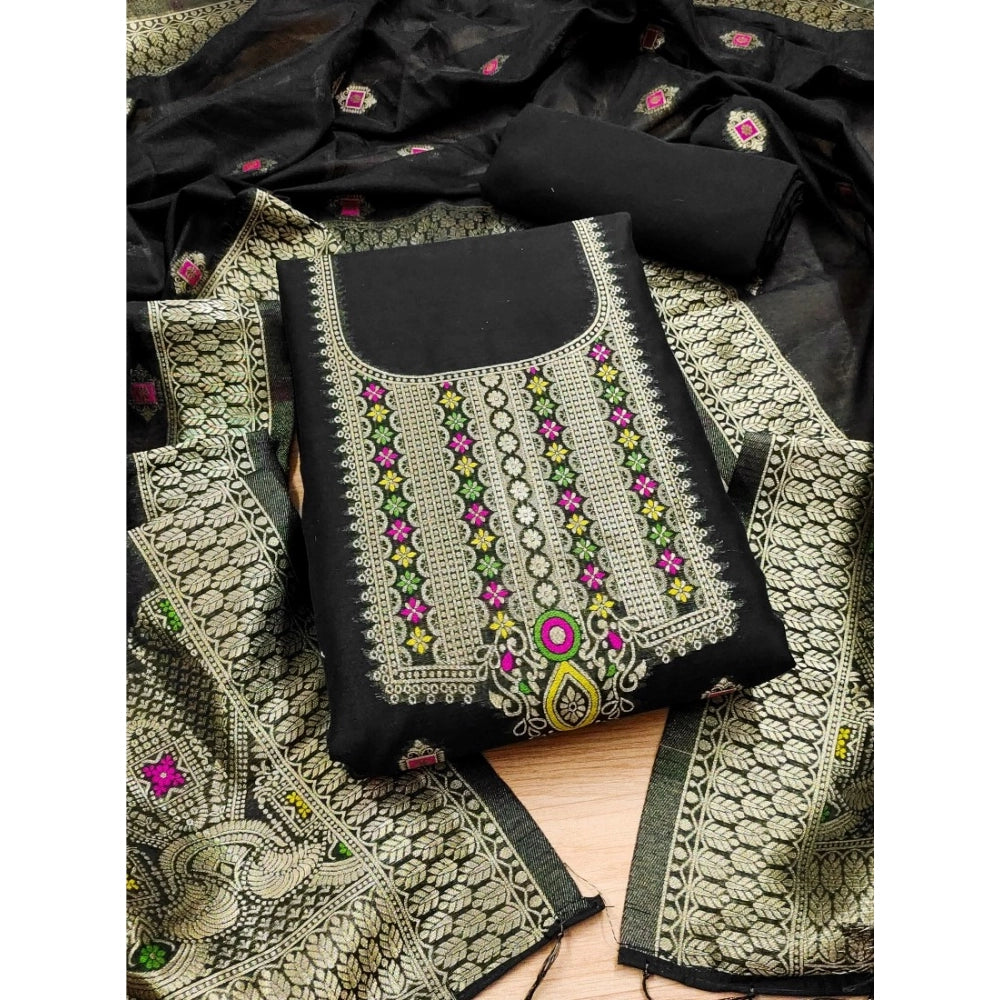 महिलाओं के लिए बनारसी सिल्क प्रिंटेड अनस्टिच्ड सलवार सूट मटेरियल दुपट्टे सहित (काला, 3 मीटर)