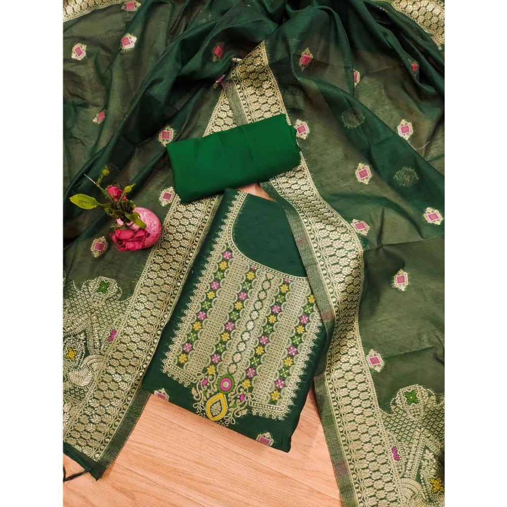 Generic Women's Banarasi Silk Printed Unstitched Salwar Suit Material With Dupatta (Bottle Green, 3Mtrs)