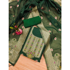 Generic Women's Banarasi Silk Printed Unstitched Salwar Suit Material With Dupatta (Bottle Green, 3Mtrs)