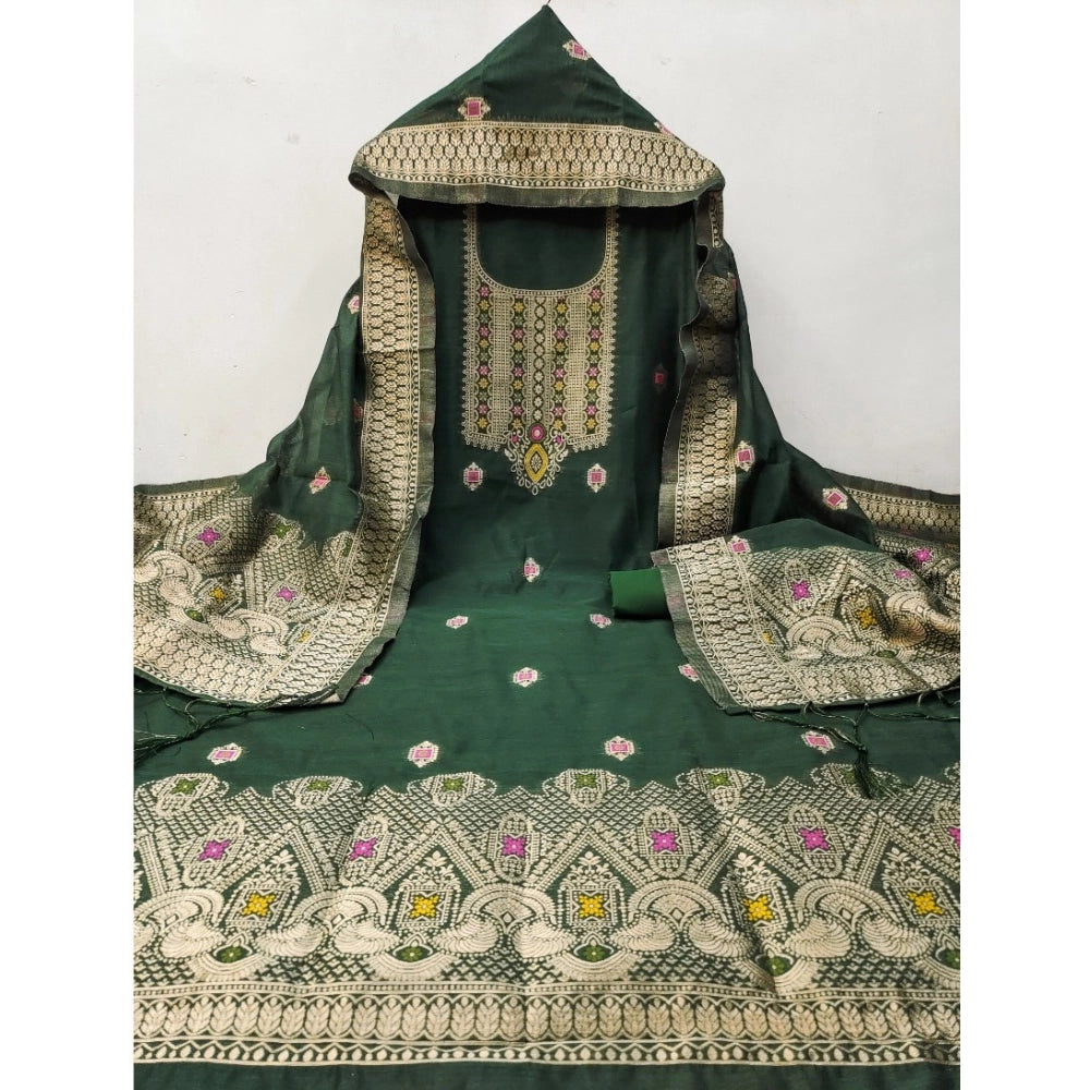 Generic Women's Banarasi Silk Printed Unstitched Salwar Suit Material With Dupatta (Bottle Green, 3Mtrs)