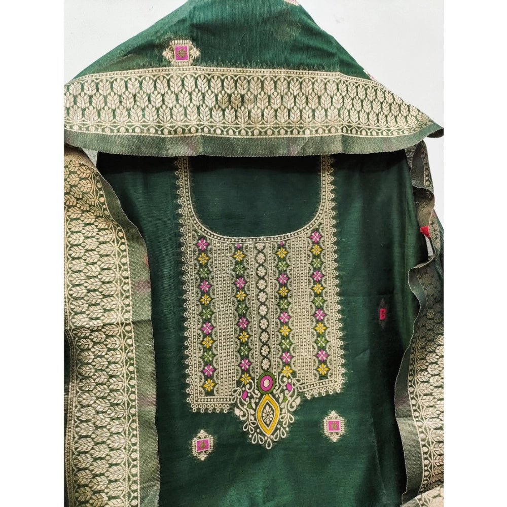 Generic Women's Banarasi Silk Printed Unstitched Salwar Suit Material With Dupatta (Bottle Green, 3Mtrs)