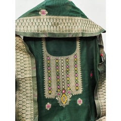 Generic Women's Banarasi Silk Printed Unstitched Salwar Suit Material With Dupatta (Bottle Green, 3Mtrs)