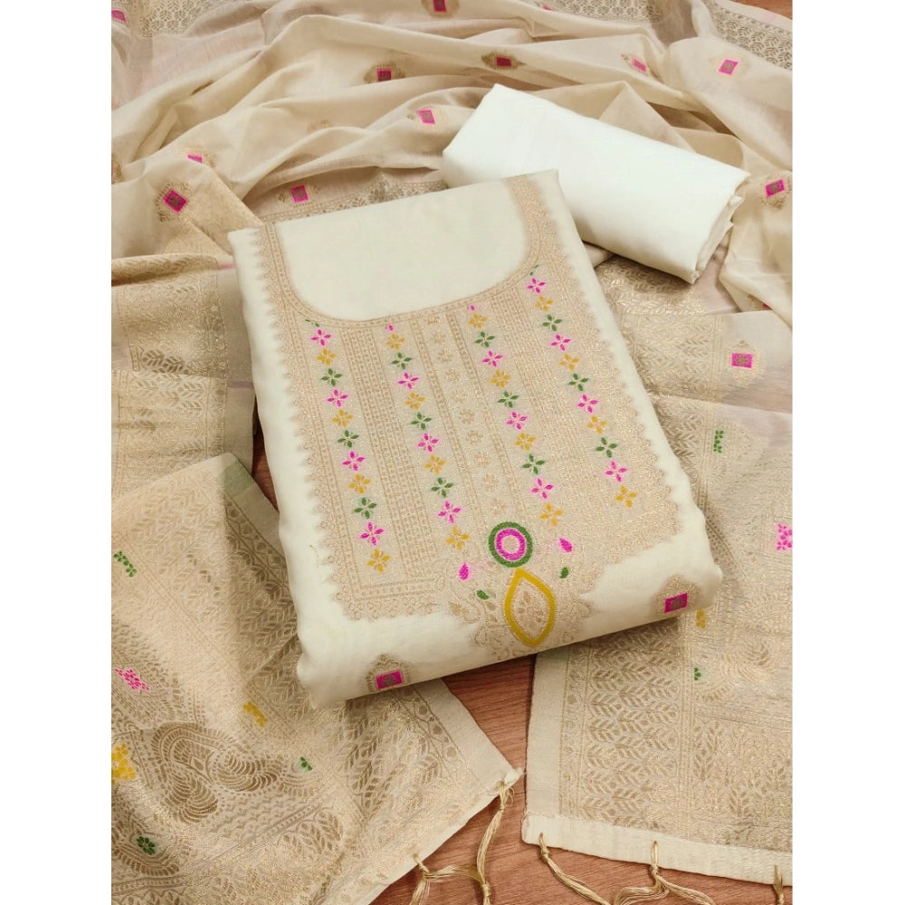 महिलाओं के लिए बनारसी सिल्क प्रिंटेड अनस्टिच्ड सलवार सूट मटेरियल दुपट्टे सहित (सफेद, 3 मीटर)