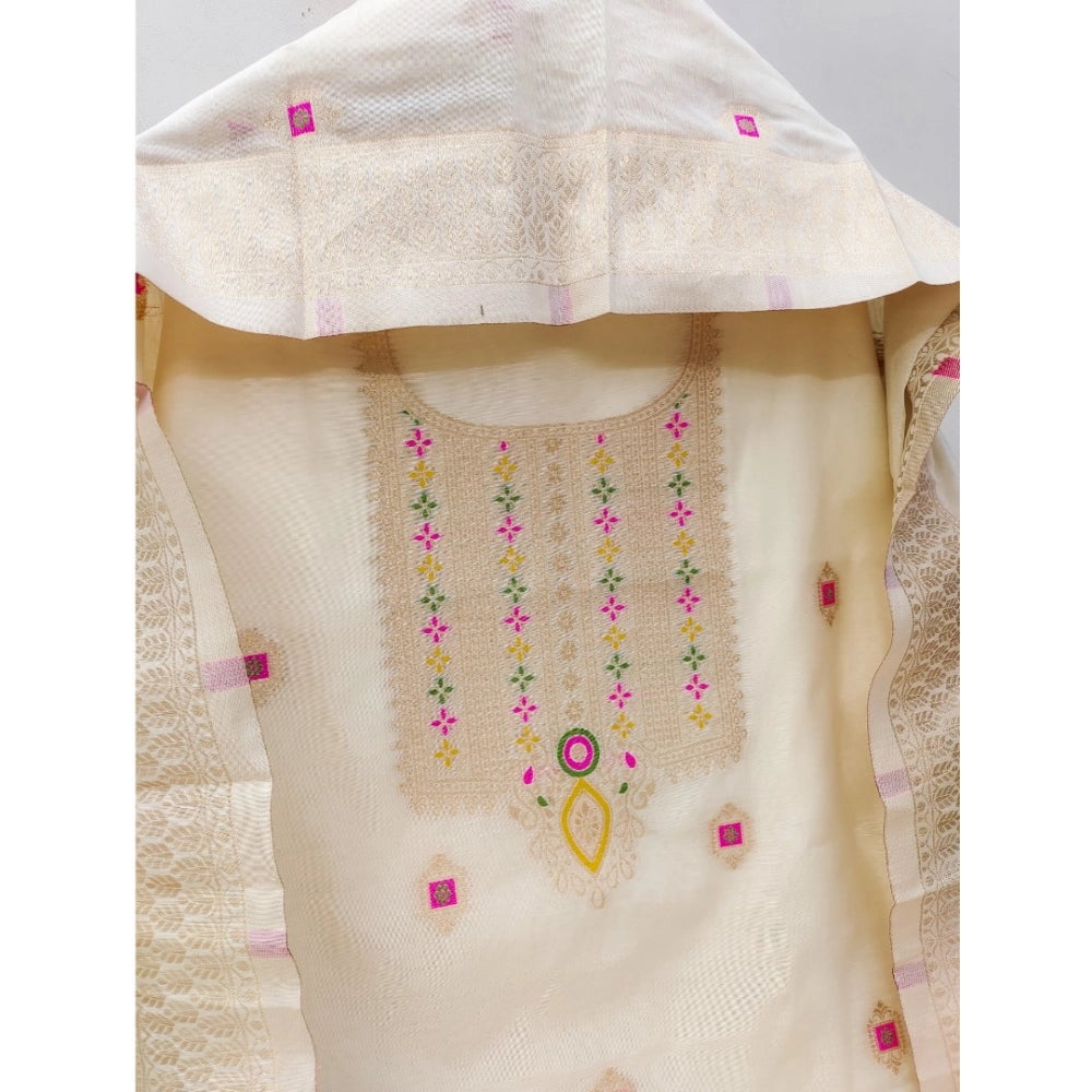 महिलाओं के लिए बनारसी सिल्क प्रिंटेड अनस्टिच्ड सलवार सूट मटेरियल दुपट्टे सहित (सफेद, 3 मीटर)