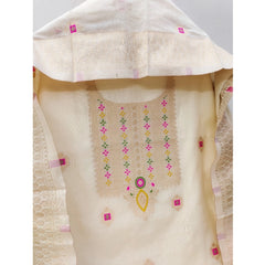 महिलाओं के लिए बनारसी सिल्क प्रिंटेड अनस्टिच्ड सलवार सूट मटेरियल दुपट्टे सहित (सफेद, 3 मीटर)