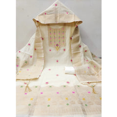 महिलाओं के लिए बनारसी सिल्क प्रिंटेड अनस्टिच्ड सलवार सूट मटेरियल दुपट्टे सहित (सफेद, 3 मीटर)