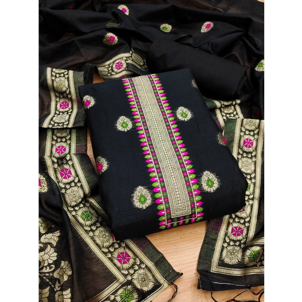 महिलाओं के लिए बनारसी सिल्क प्रिंटेड अनस्टिच्ड सलवार सूट मटेरियल दुपट्टे सहित (काला, 3 मीटर)