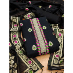 महिलाओं के लिए बनारसी सिल्क प्रिंटेड अनस्टिच्ड सलवार सूट मटेरियल दुपट्टे सहित (काला, 3 मीटर)