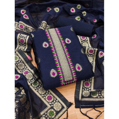 महिलाओं के लिए बनारसी सिल्क प्रिंटेड अनस्टिच्ड सलवार सूट मटेरियल दुपट्टे सहित (नेवी ब्लू, 3 मीटर)