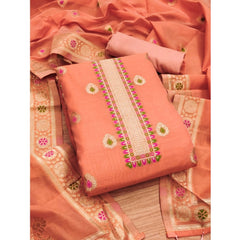 महिलाओं के लिए बनारसी सिल्क प्रिंटेड अनस्टिच्ड सलवार सूट मटेरियल दुपट्टे सहित (पीच रंग, 3 मीटर)