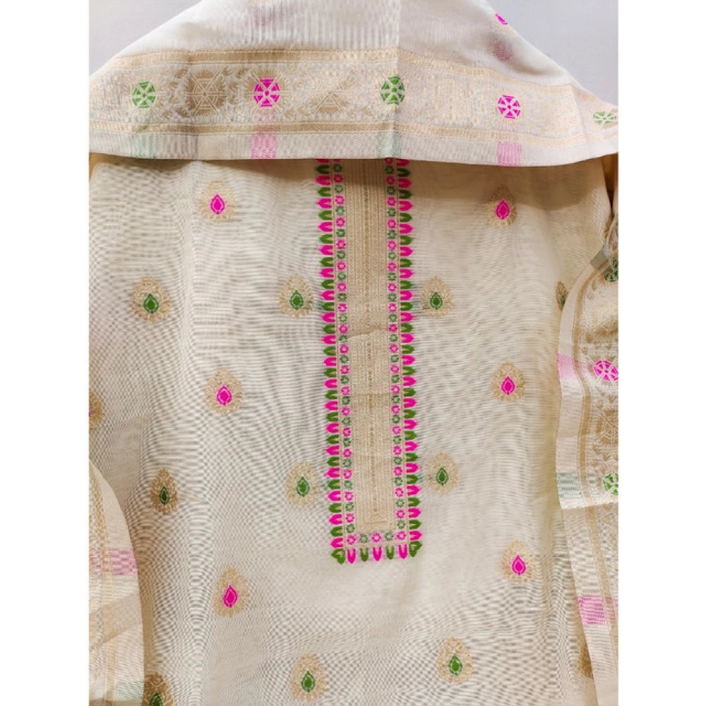 महिलाओं के लिए बनारसी सिल्क प्रिंटेड अनस्टिच्ड सलवार सूट मटेरियल दुपट्टे सहित (सफेद, 3 मीटर)