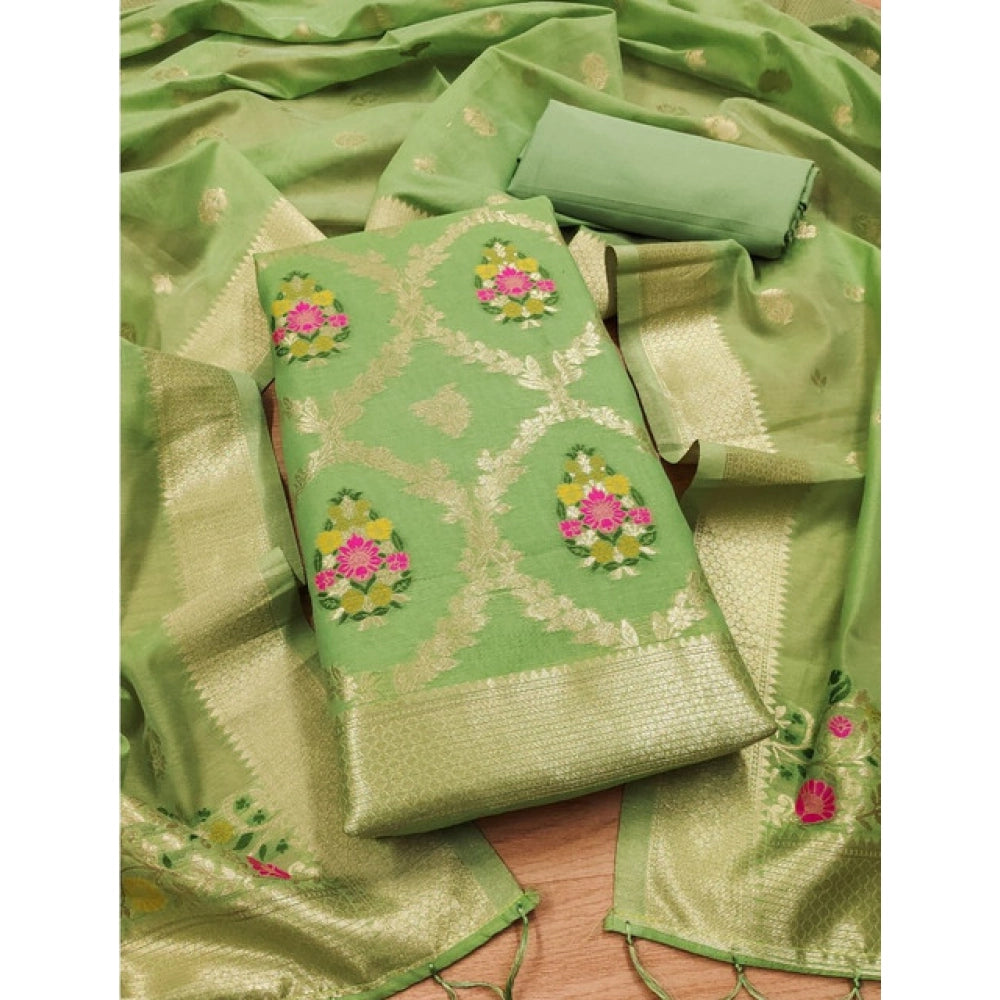 महिलाओं के लिए बनारसी सिल्क प्रिंटेड अनस्टिच्ड सलवार सूट मटेरियल दुपट्टे के साथ (पिस्ता, 3 मीटर)