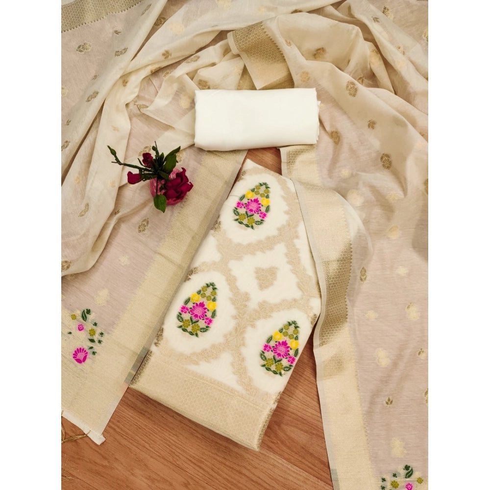 महिलाओं के लिए बनारसी सिल्क प्रिंटेड अनस्टिच्ड सलवार सूट मटेरियल दुपट्टे सहित (सफेद, 3 मीटर)