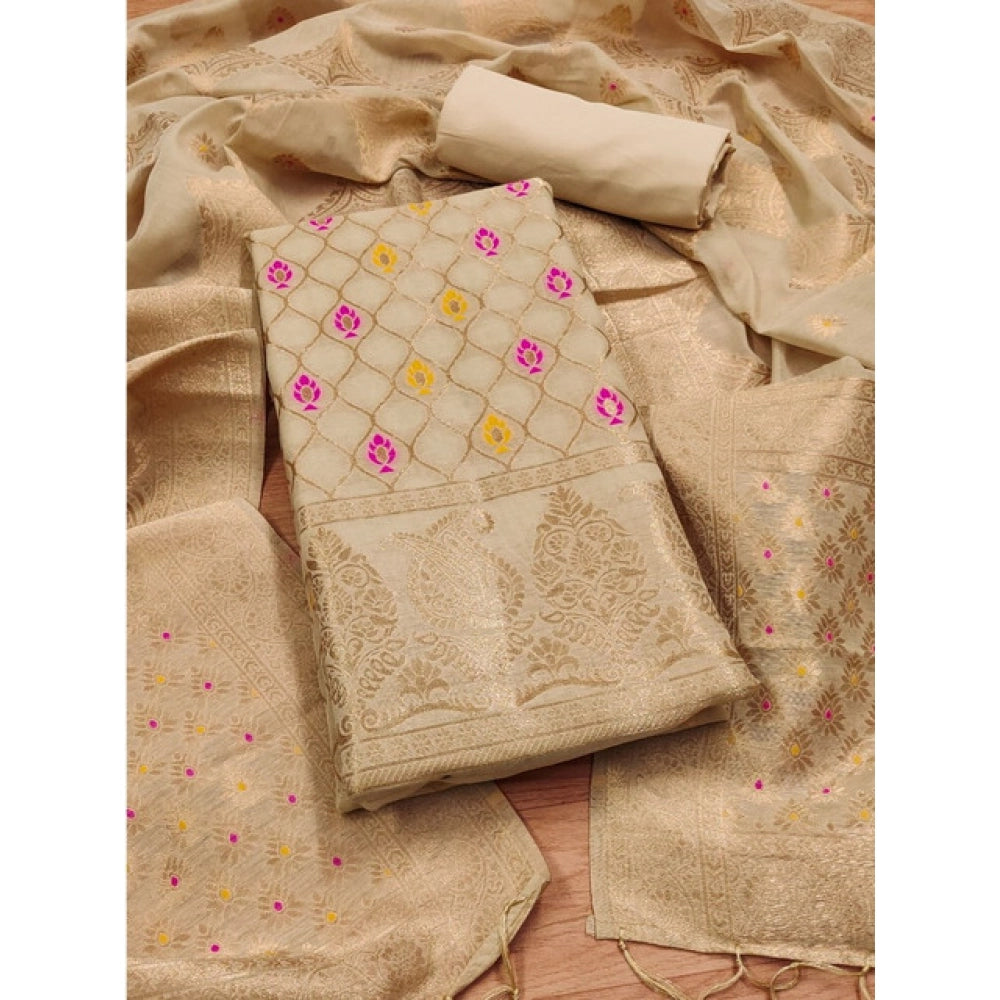 महिलाओं के लिए बनारसी सिल्क प्रिंटेड अनस्टिच्ड सलवार सूट मटेरियल दुपट्टे सहित (क्रीम रंग, 3 मीटर)