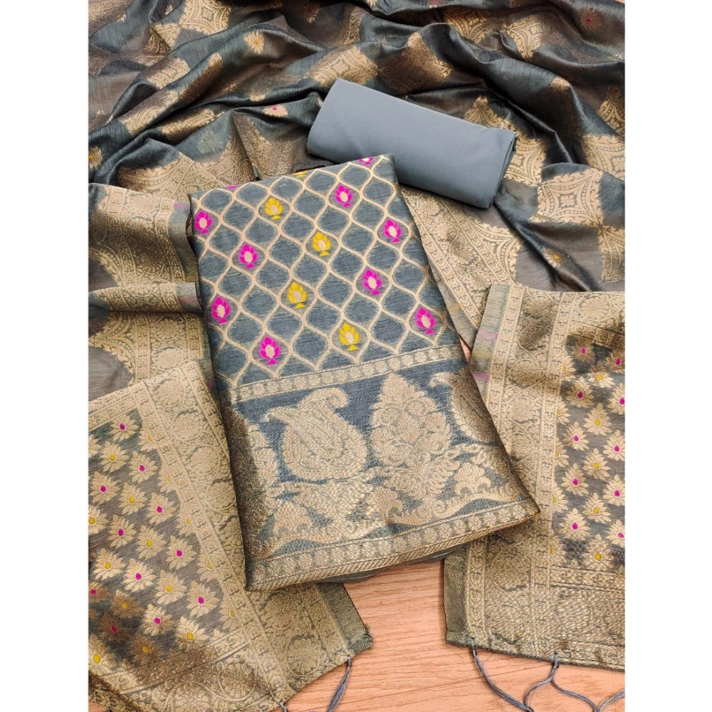 महिलाओं के लिए बनारसी सिल्क प्रिंटेड अनस्टिच्ड सलवार सूट मटेरियल दुपट्टे सहित (ग्रे, 3 मीटर)