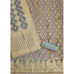 महिलाओं के लिए बनारसी सिल्क प्रिंटेड अनस्टिच्ड सलवार सूट मटेरियल दुपट्टे सहित (ग्रे, 3 मीटर)