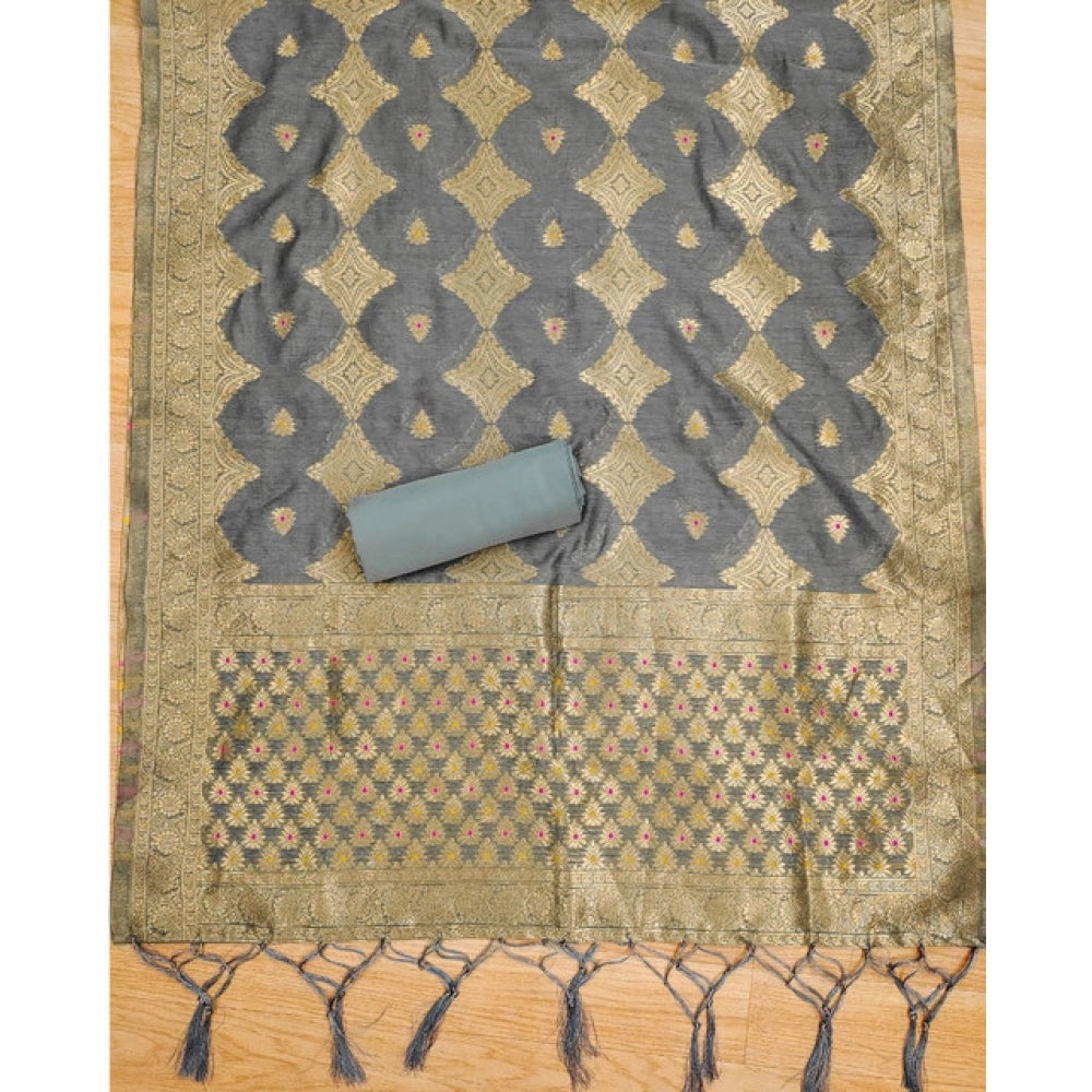 महिलाओं के लिए बनारसी सिल्क प्रिंटेड अनस्टिच्ड सलवार सूट मटेरियल दुपट्टे सहित (ग्रे, 3 मीटर)