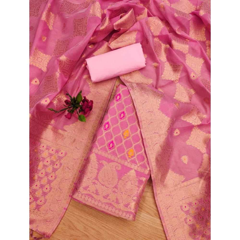 महिलाओं के लिए बनारसी सिल्क प्रिंटेड अनस्टिच्ड सलवार सूट मटेरियल दुपट्टे सहित (गुलाबी, 3 मीटर)