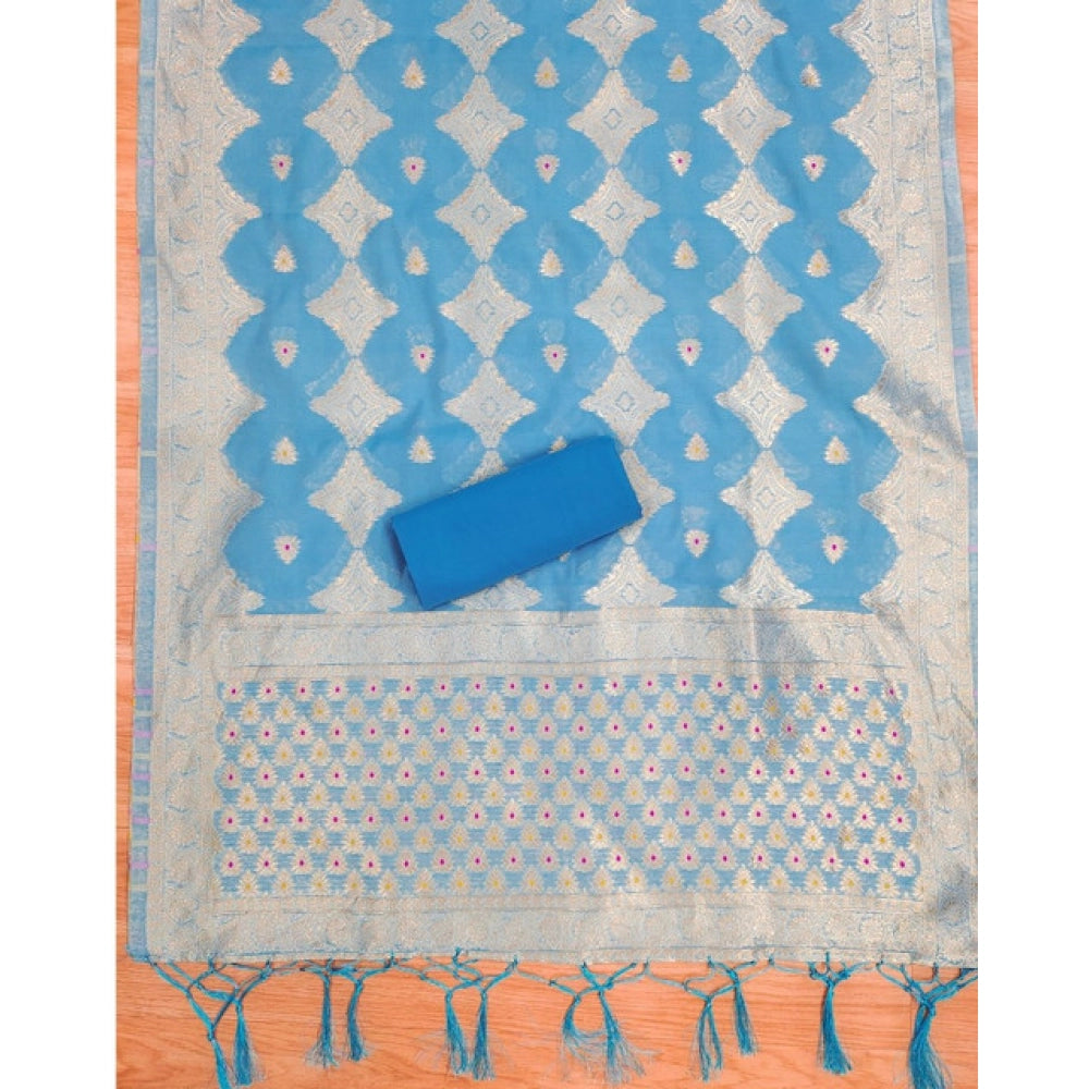 महिलाओं के लिए बनारसी सिल्क प्रिंटेड अनस्टिच्ड सलवार सूट मटेरियल दुपट्टे सहित (आसमानी नीला, 3 मीटर)