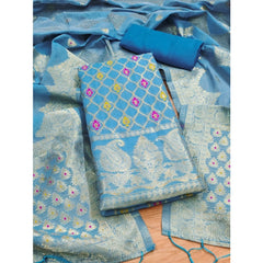 महिलाओं के लिए बनारसी सिल्क प्रिंटेड अनस्टिच्ड सलवार सूट मटेरियल दुपट्टे सहित (आसमानी नीला, 3 मीटर)