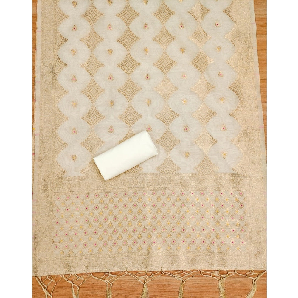 महिलाओं के लिए बनारसी सिल्क प्रिंटेड अनस्टिच्ड सलवार सूट मटेरियल दुपट्टे सहित (सफेद, 3 मीटर)