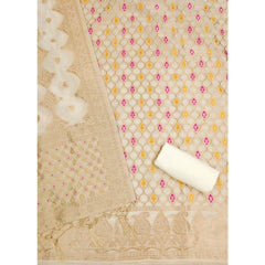 महिलाओं के लिए बनारसी सिल्क प्रिंटेड अनस्टिच्ड सलवार सूट मटेरियल दुपट्टे सहित (सफेद, 3 मीटर)