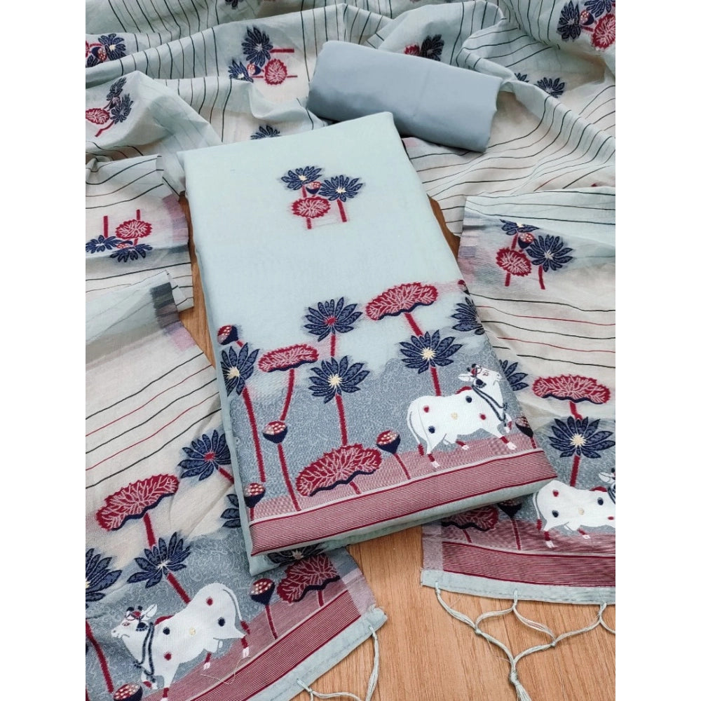 महिलाओं के लिए बनारसी सिल्क प्रिंटेड अनस्टिच्ड सलवार सूट मटेरियल दुपट्टे सहित (ग्रे, 3 मीटर)