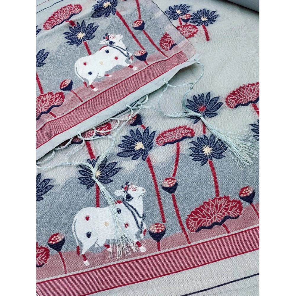 महिलाओं के लिए बनारसी सिल्क प्रिंटेड अनस्टिच्ड सलवार सूट मटेरियल दुपट्टे सहित (ग्रे, 3 मीटर)