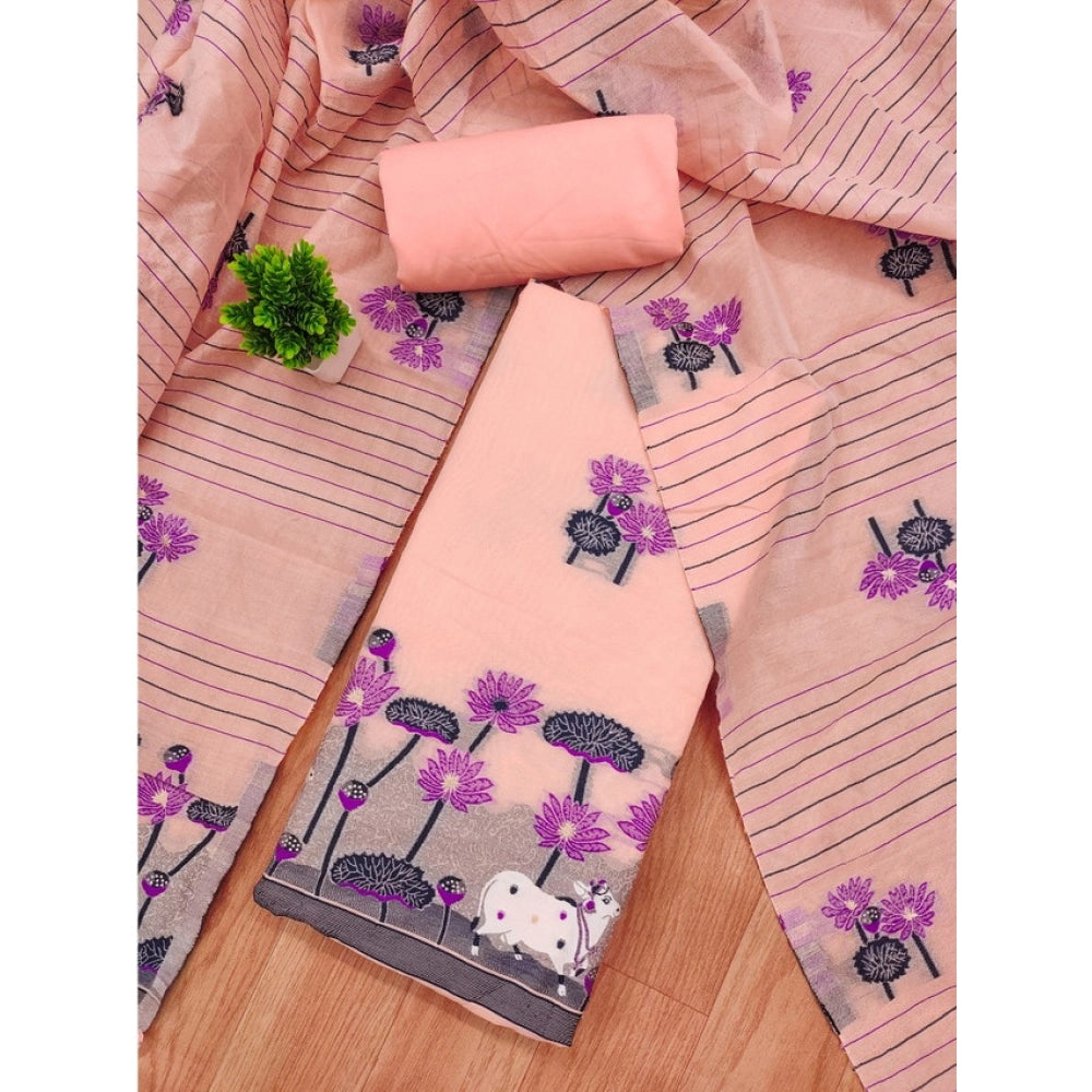 महिलाओं के लिए बनारसी सिल्क प्रिंटेड अनस्टिच्ड सलवार सूट मटेरियल दुपट्टे सहित (पीच रंग, 3 मीटर)