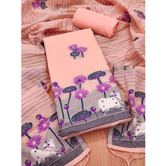 महिलाओं के लिए बनारसी सिल्क प्रिंटेड अनस्टिच्ड सलवार सूट मटेरियल दुपट्टे सहित (पीच रंग, 3 मीटर)