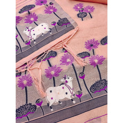 महिलाओं के लिए बनारसी सिल्क प्रिंटेड अनस्टिच्ड सलवार सूट मटेरियल दुपट्टे सहित (पीच रंग, 3 मीटर)